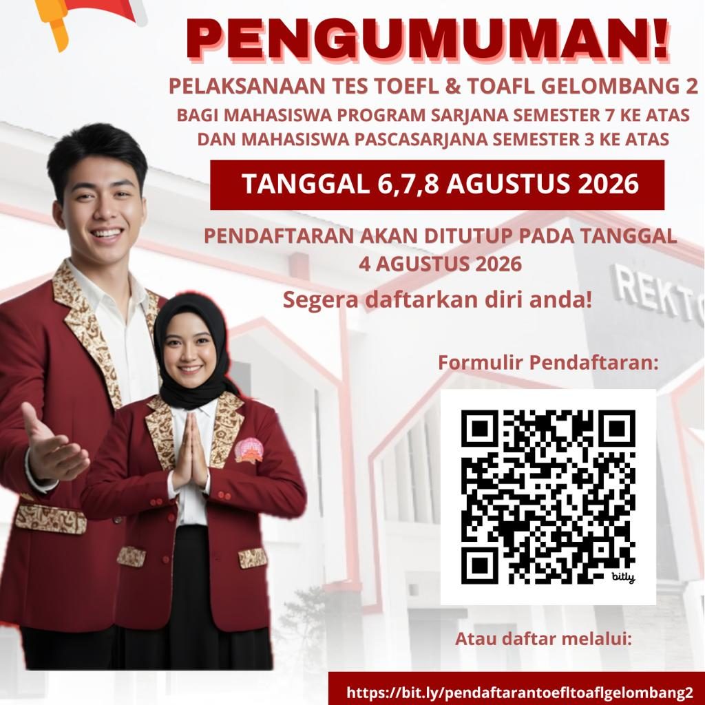 Halo, mahasiswa UIN FAS Bengkulu! π
UPT Pengembangan Bahasa kembali menghadirkan kesempatan emas untuk mengikuti Tes TOEFL & TAOFL Gelombang 2 Tahun 2026. Ini adalah momentum penting untuk membuktikan dan memvalidasi kompetensi bahasa Inggris Anda secara internasional!
π
Jadwal Pelaksanaan:
Tanggal 6, 7, 8 Agustus 2026
π Pendaftaran Dibuka:
Mulai 4 Agustus 2026
π₯ Peserta yang Dituju:
β Mahasiswa Program Sarjana Semester 7 ke atas
β Mahasiswa Program Pascasarjana Semester 3 ke atas
Jangan lewatkan kesempatan ini! Daftar sekarang melalui formulir yang tersedia. Persiapkan diri Anda dengan maksimal dan raih skor TOEFL/TAOFL terbaik Anda! πͺ
Informasi lebih lanjut dan formulir pendaftaran:
π Klik QR Code di poster atau kunjungi: https://bit.ly/pendaftarantoefltoaflgelombang2
Segera daftarkan diri Anda! π